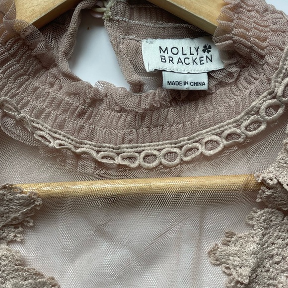 Molly Bracken Floral Lace Sheer Blouse Tan Long Lantern Sleeves Tops Mesh - Picture 5 of 11